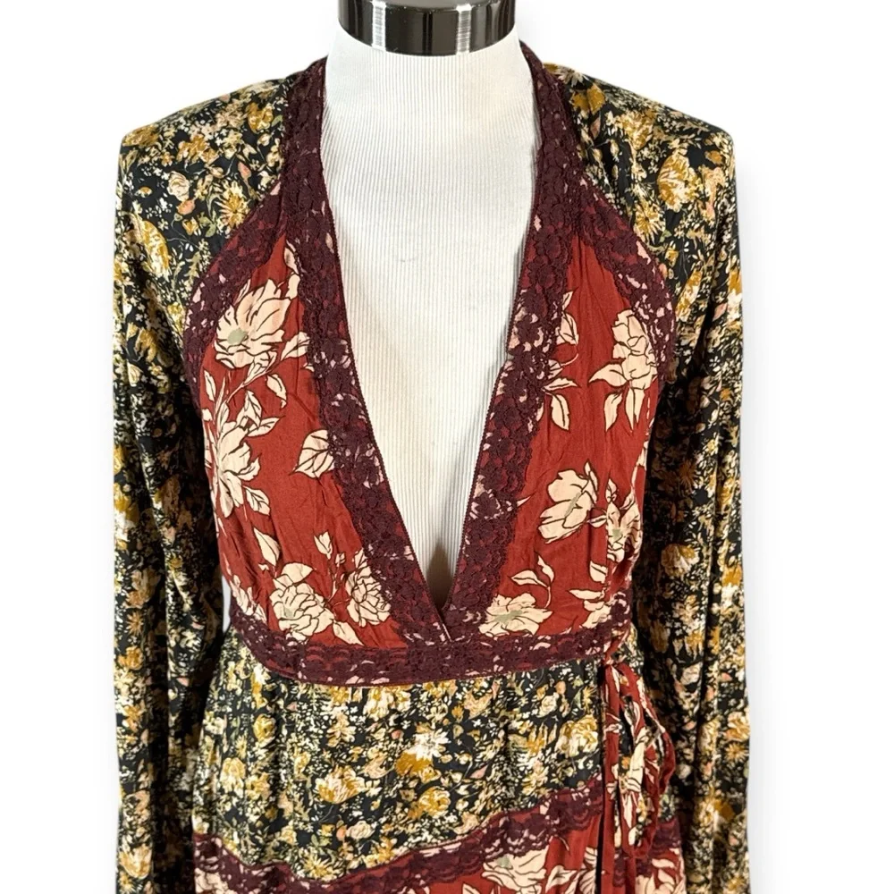 NWT FREE PEOPLE TILDA FLORAL PATCHWORK MAXI DRESS BOHO WRAP BELL SLEEVES SIZE L
